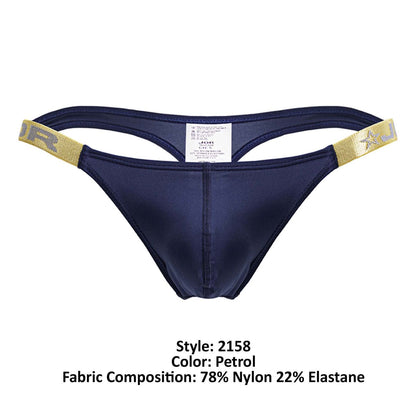 Navy blue jon brand thong with gold-trimmed waistband and star logo in jor 2158 eros thongs color petrol