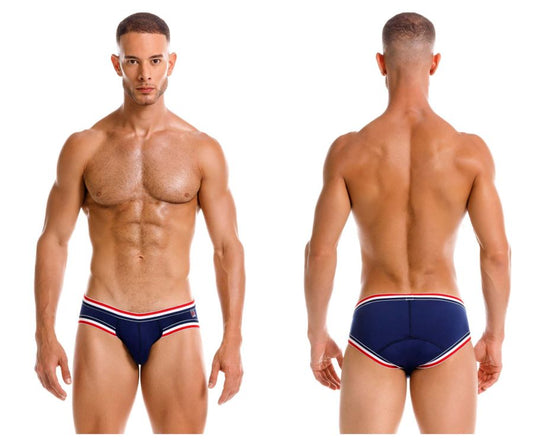 Navy blue jor 2169 martini briefs swim trunks with red and white striped trim for men