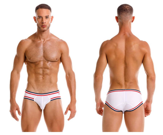 White jor 2169 martini briefs with red and navy blue striped trim made of soft breathable fabric