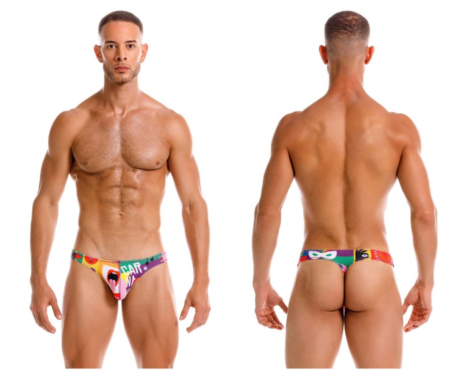 Vibrant multicolored JOR 2173 carnival thongs color printed swim trunks with bold graphic prints and a snug fit