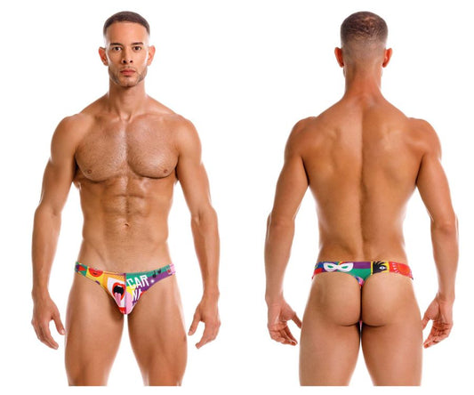 Vibrant multicolored JOR 2173 carnival thongs color printed swim trunks with bold graphic prints and a snug fit