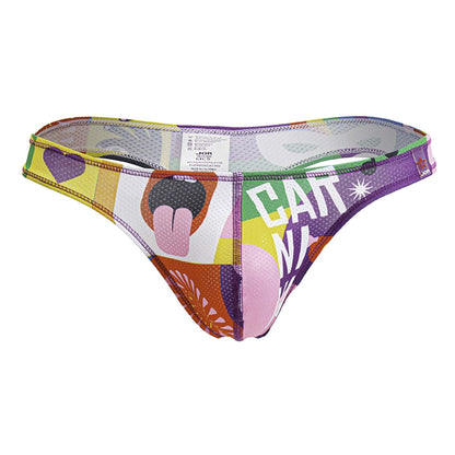 Vibrant jor 2173 carnival thong with patchwork cartoon cat print in purple yellow green pink and orange on stretchy fabric