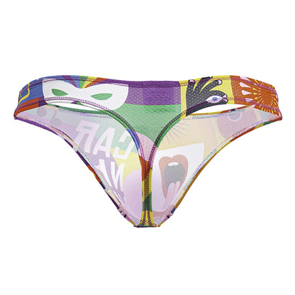 Vibrant jor 2173 carnival thongs color printed bikini bottom with bold graphic masks hands and abstract designs in purple green and orange