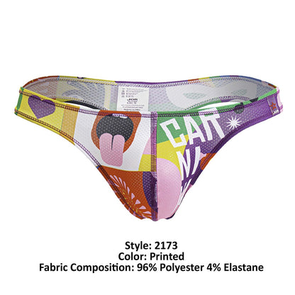 Vibrant multicolored printed thong featuring playful cat design bold typography and patchwork patterns in purple yellow green pink and orange