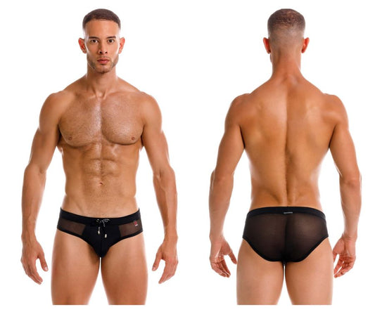 Black jor 2193 mystic swim briefs featuring mesh fabric solid waistband and small silver zipper detail at front