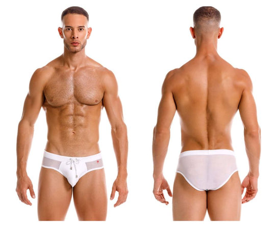 White jor 2193 mystic swim briefs in mesh fabric with drawstring waistband and subtle red logo detail