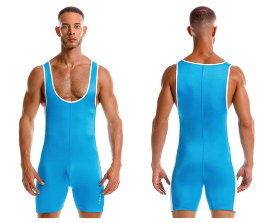 Bright blue JOR 2216 fighter bodysuit wrestling singlet with white trim along neckline and armholes