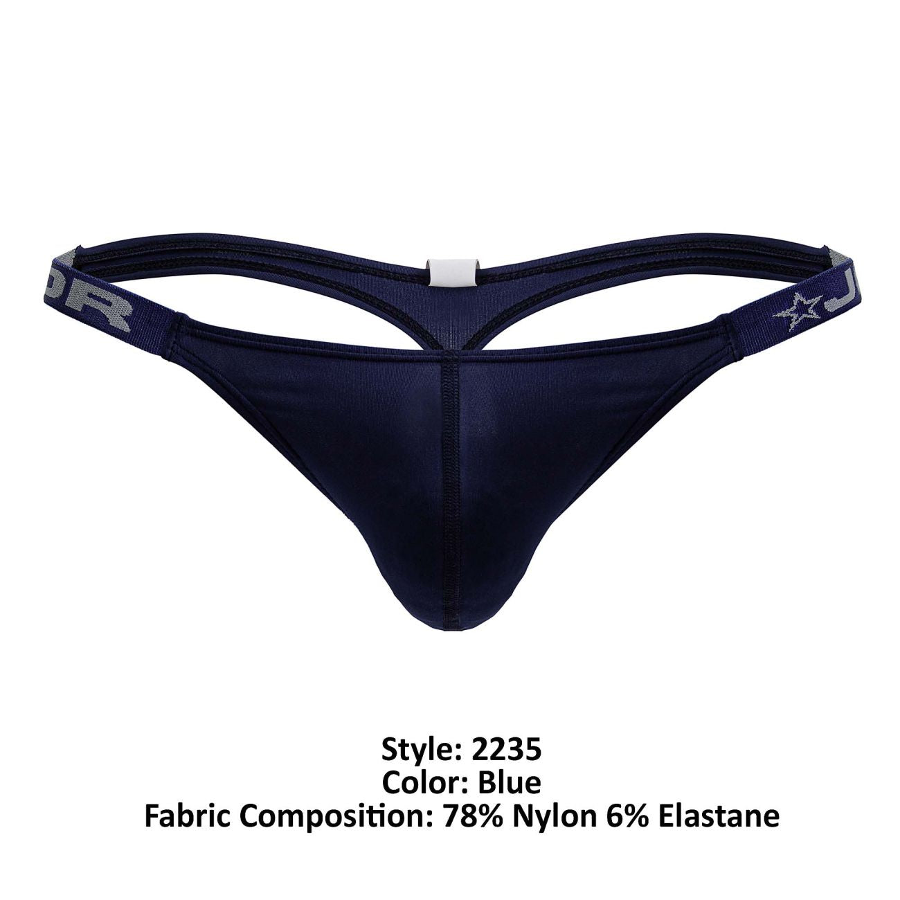Navy blue JOR 2235 Eros thong with supportive contoured design and elastic waistband with gray lettering