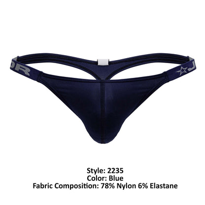 Navy blue JOR 2235 Eros thong with supportive contoured design and elastic waistband with gray lettering