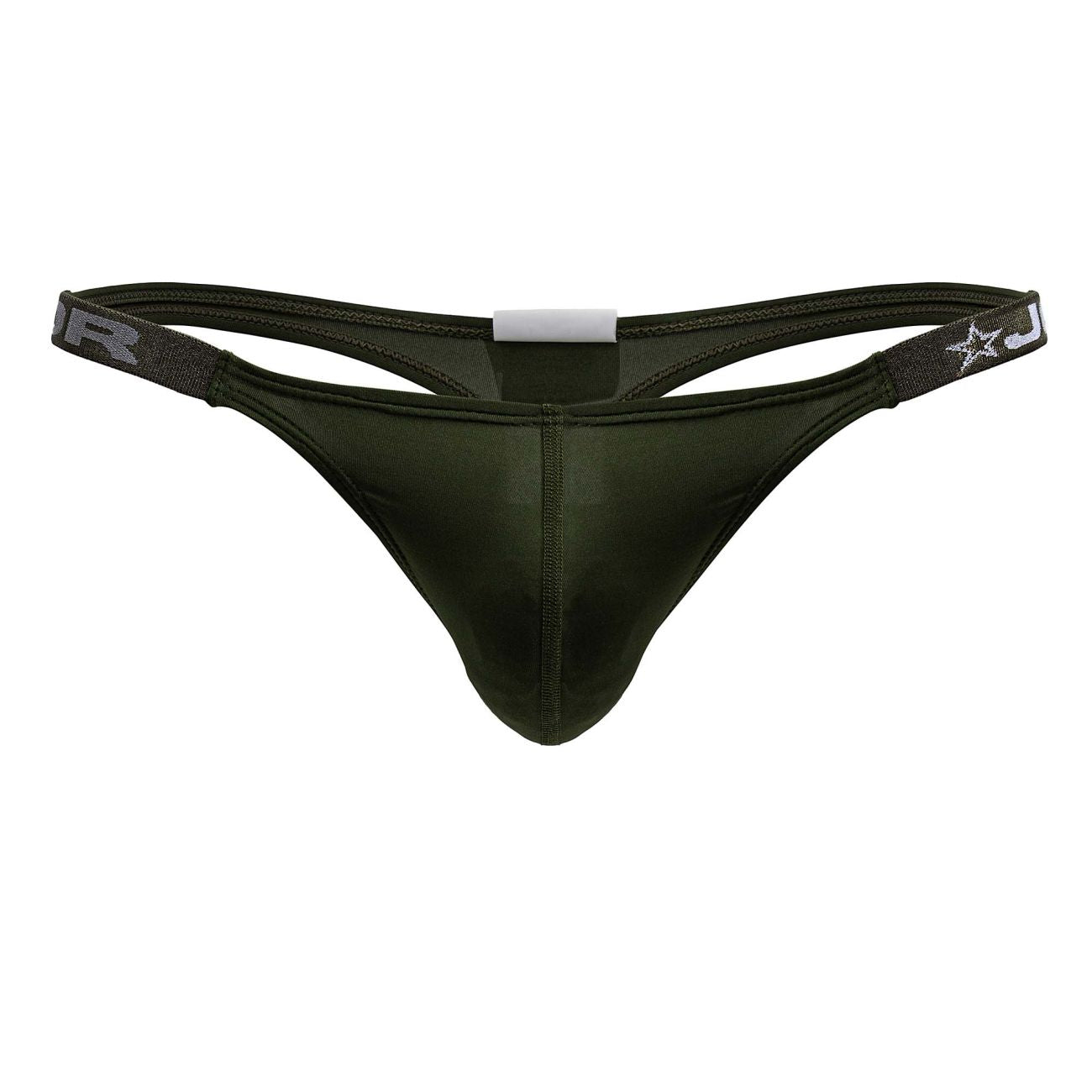 Dark olive green sleek form-fitting thong with subtle sheen from jor 2235 eros thongs collection front view