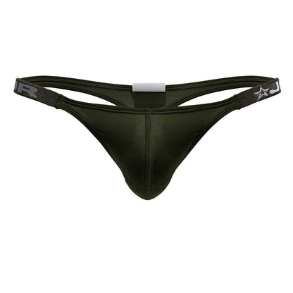 Dark olive green sleek form-fitting thong with subtle sheen from jor 2235 eros thongs collection front view