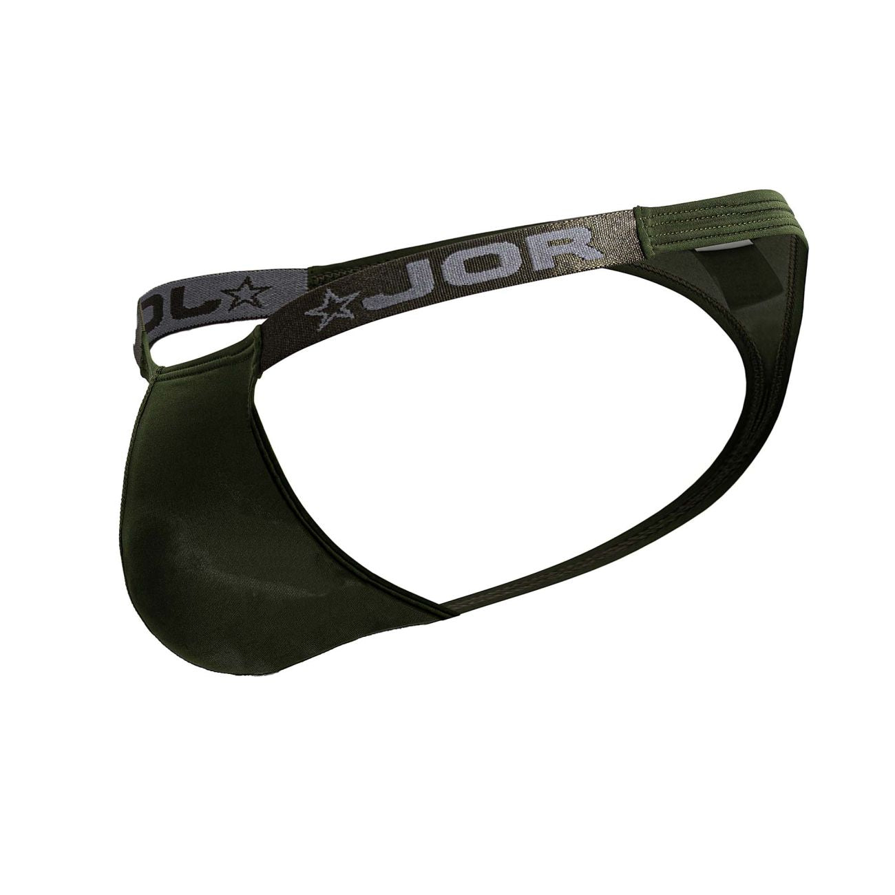 Dark olive green jor 2235 eros briefs with gray elastic waistband featuring jor logo and star emblem in front view