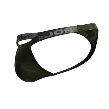 Dark olive green jor 2235 eros briefs with gray elastic waistband featuring jor logo and star emblem in front view