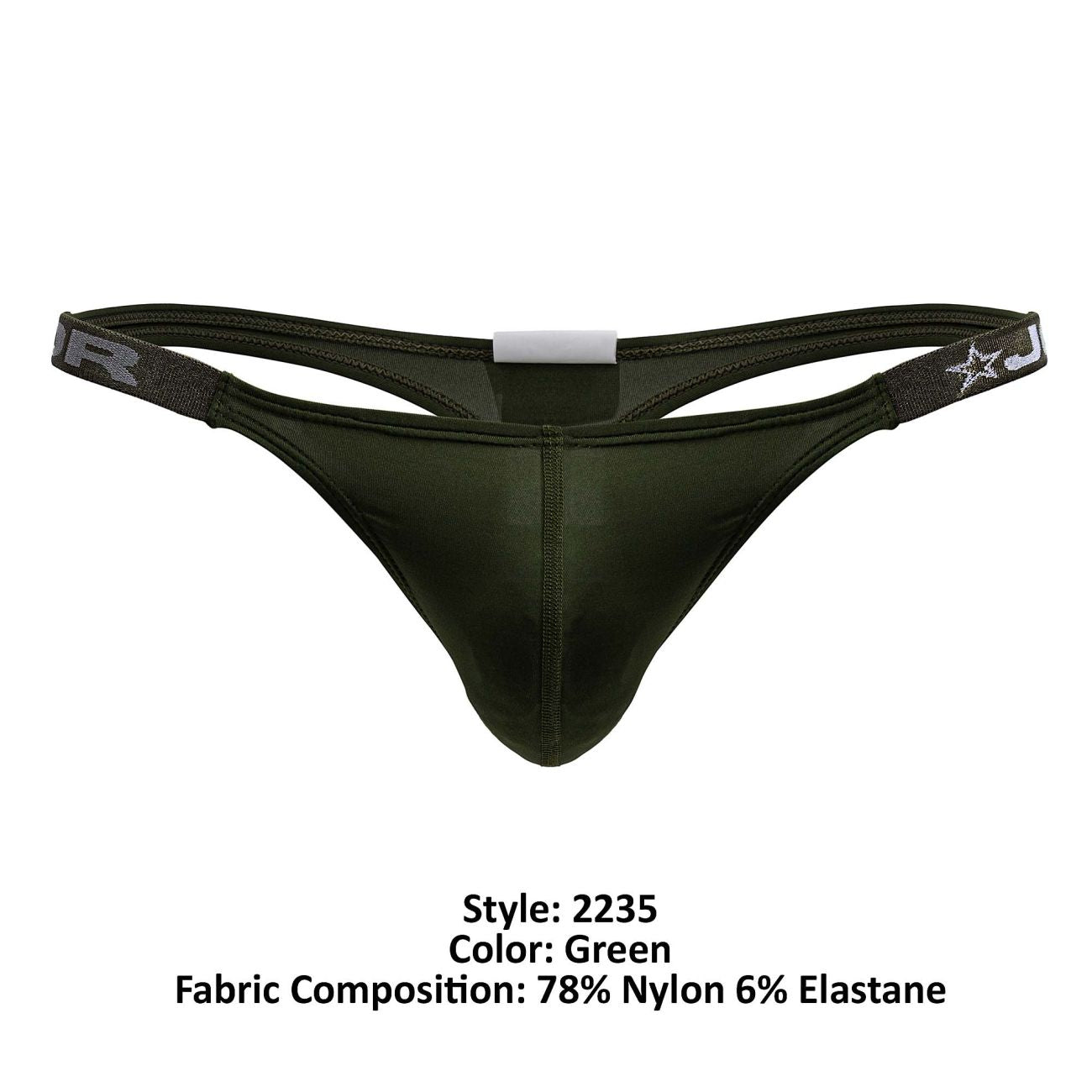 Dark green JOR 2235 Eros thong made of 78 nylon and 6 elastane with branded elastic waistband and star logo