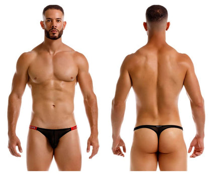 Black mesh thong with red trim and jor logo on waistband from jor 2238 frost thongs color black collection