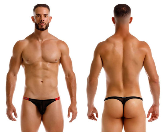 Black mesh thong with red trim and jor logo on waistband from jor 2238 frost thongs color black collection