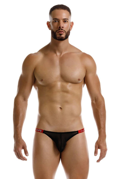 Black jor 2238 frost thongs with red trim and subtle logo on waistband in men’s briefs style