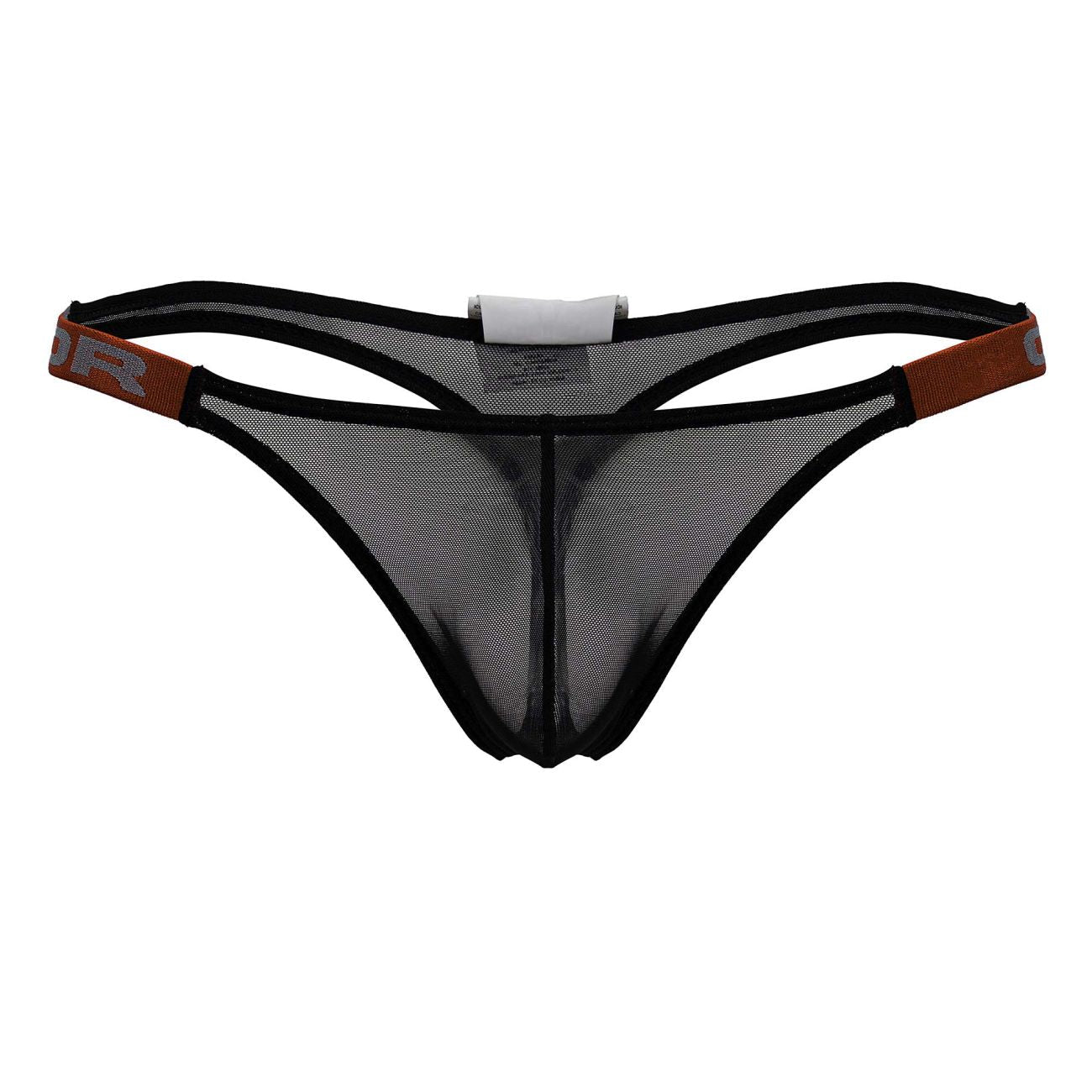 Black mesh thong jor 2238 frost thongs with brown elastic waistband and black trim showing front side details