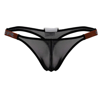 Black mesh thong jor 2238 frost thongs with brown elastic waistband and black trim showing front side details