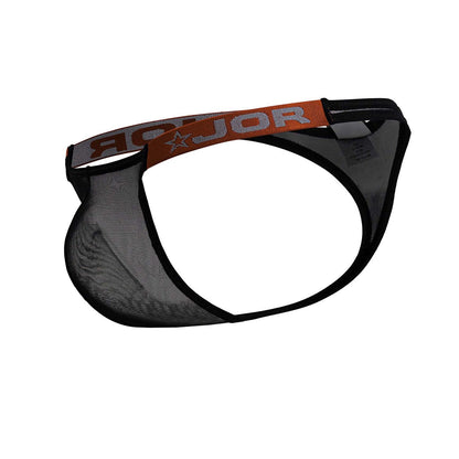 Black mesh brief with orange and gray jor branded waistband from jor 2238 frost thongs color black collection