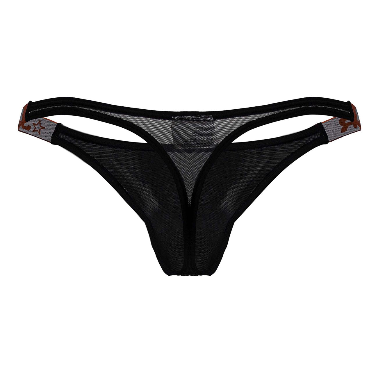 Jor 2238 frost thongs black mesh thong with subtle star pattern on side straps shown from the back side