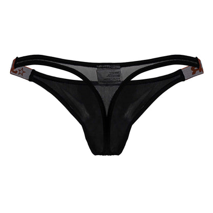 Jor 2238 frost thongs black mesh thong with subtle star pattern on side straps shown from the back side