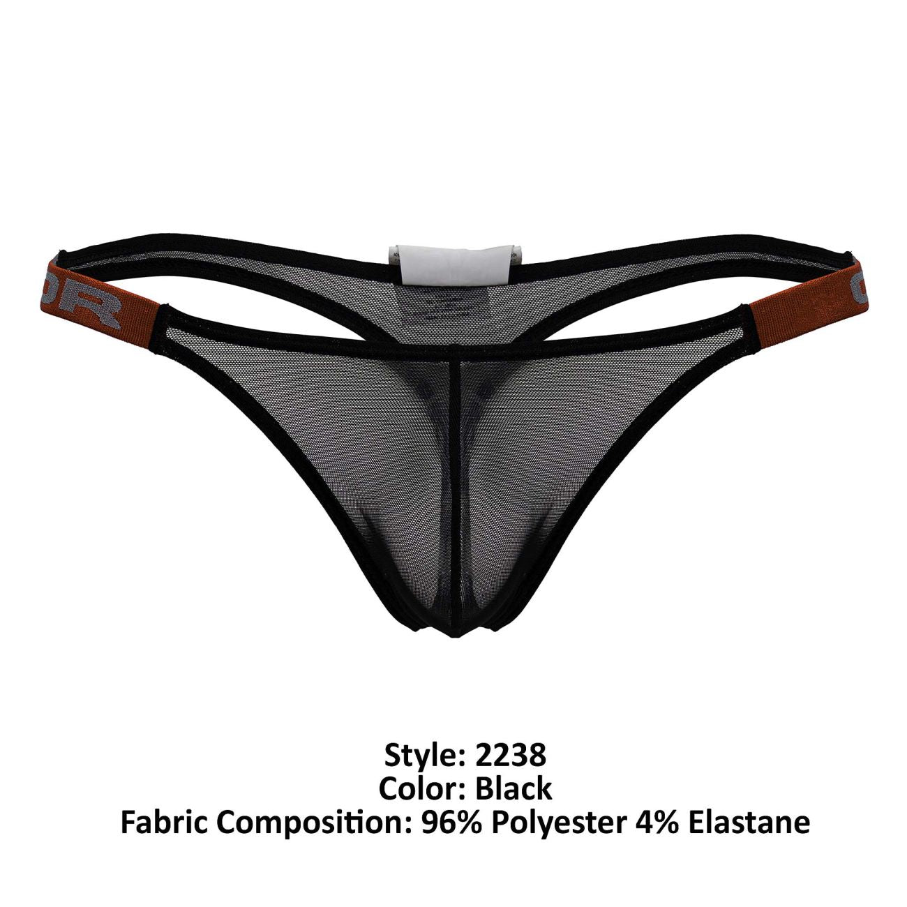 Black mesh thong with black elastic trim and brown side bands featuring a gray JOR logo in color black