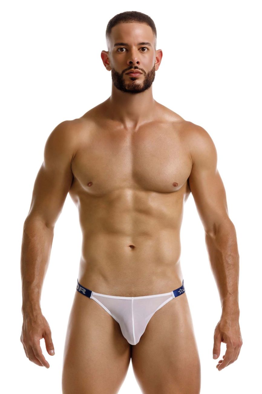 White jor 2238 frost thong with blue trim and subtle logo on the waistband showing front side details