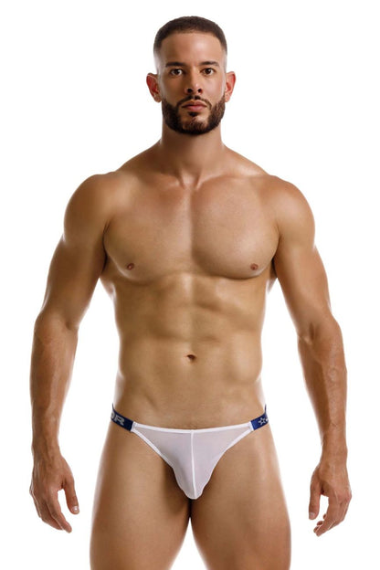 White jor 2238 frost thong with blue trim and subtle logo on the waistband showing front side details