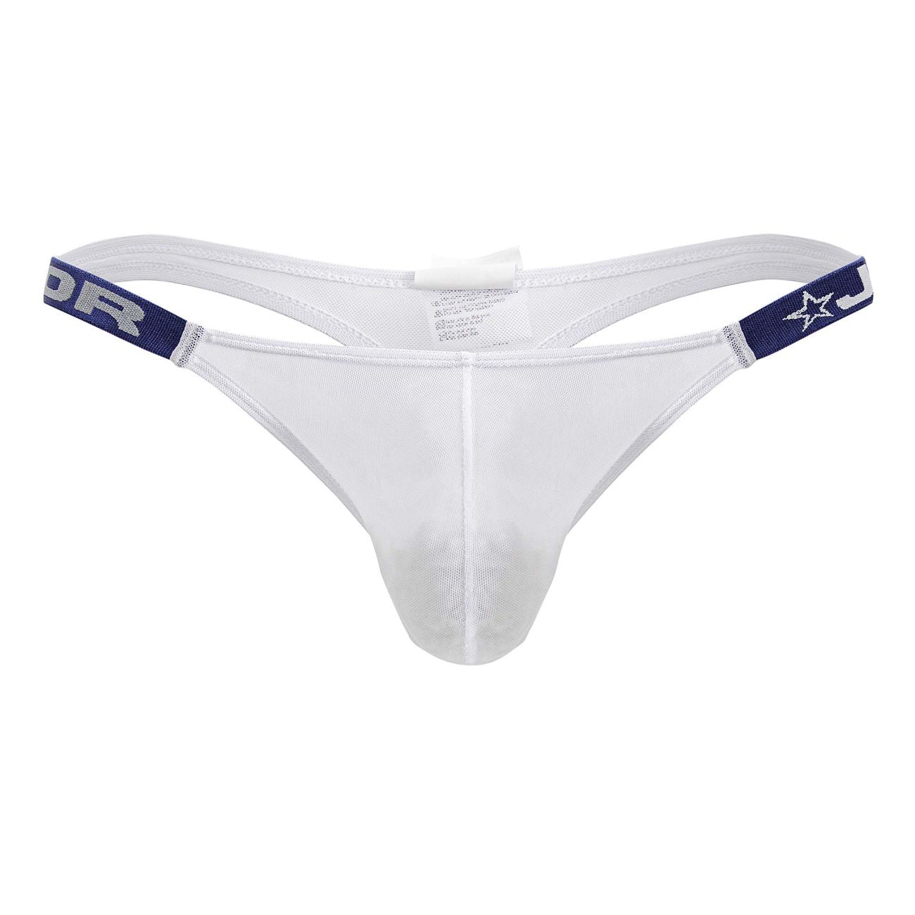 White mesh thong jor 2238 frost thongs with navy blue elastic waistband featuring star and lettering design