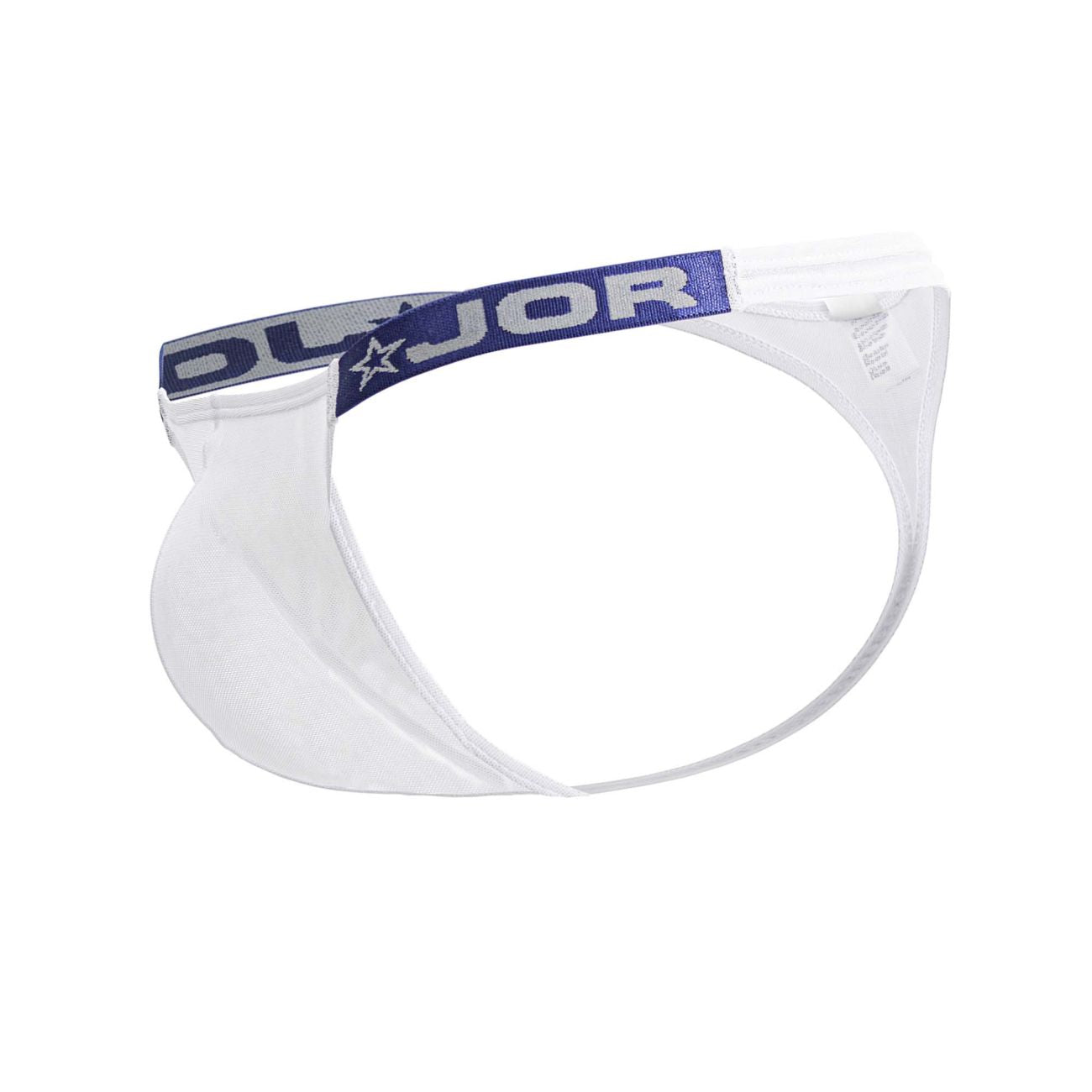 White men’s briefs with navy blue dorj logo elastic waistband and star emblem in jor 2238 frost thongs white color