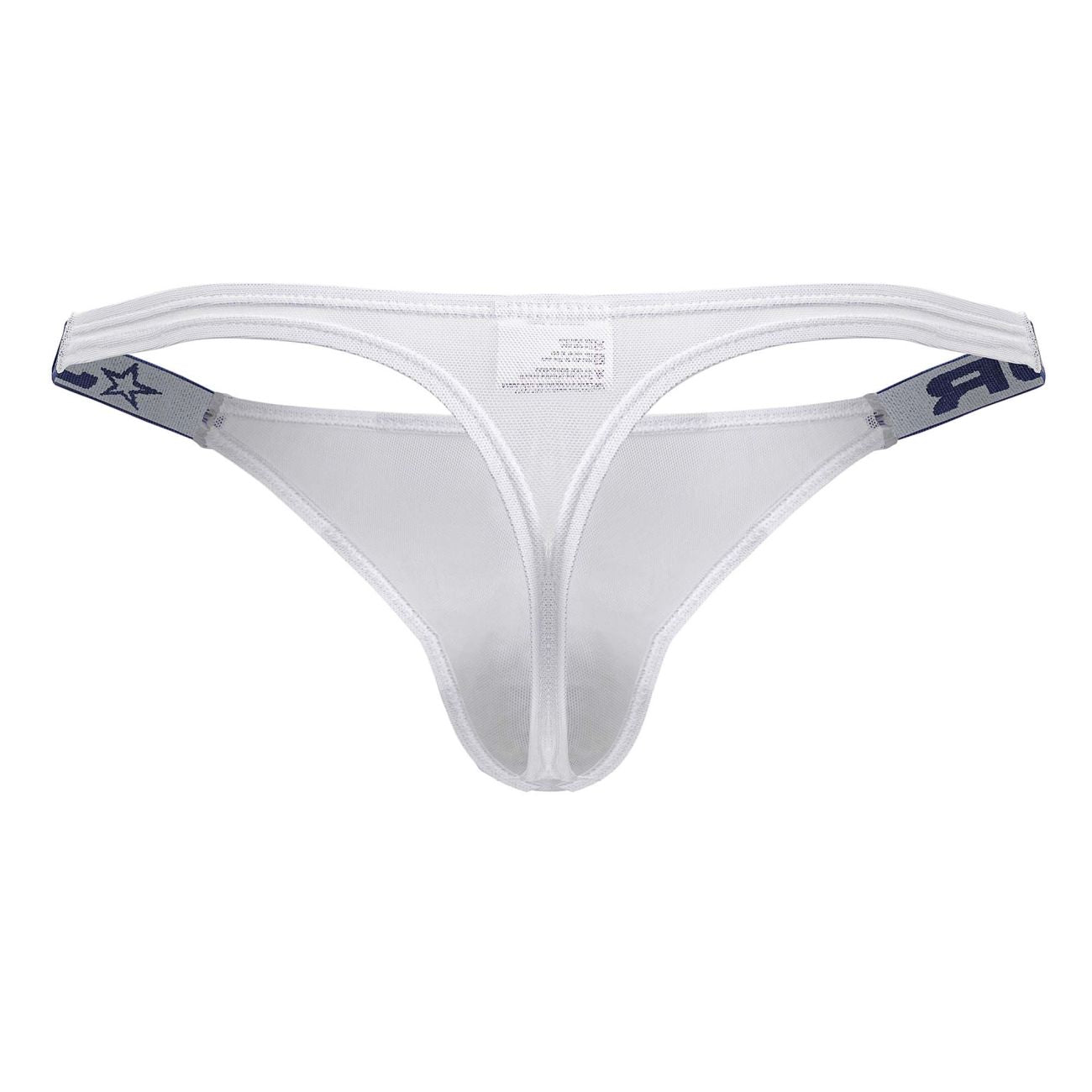 White mesh thong with gray elastic straps featuring star and ar logo from jor 2238 frost thongs collection