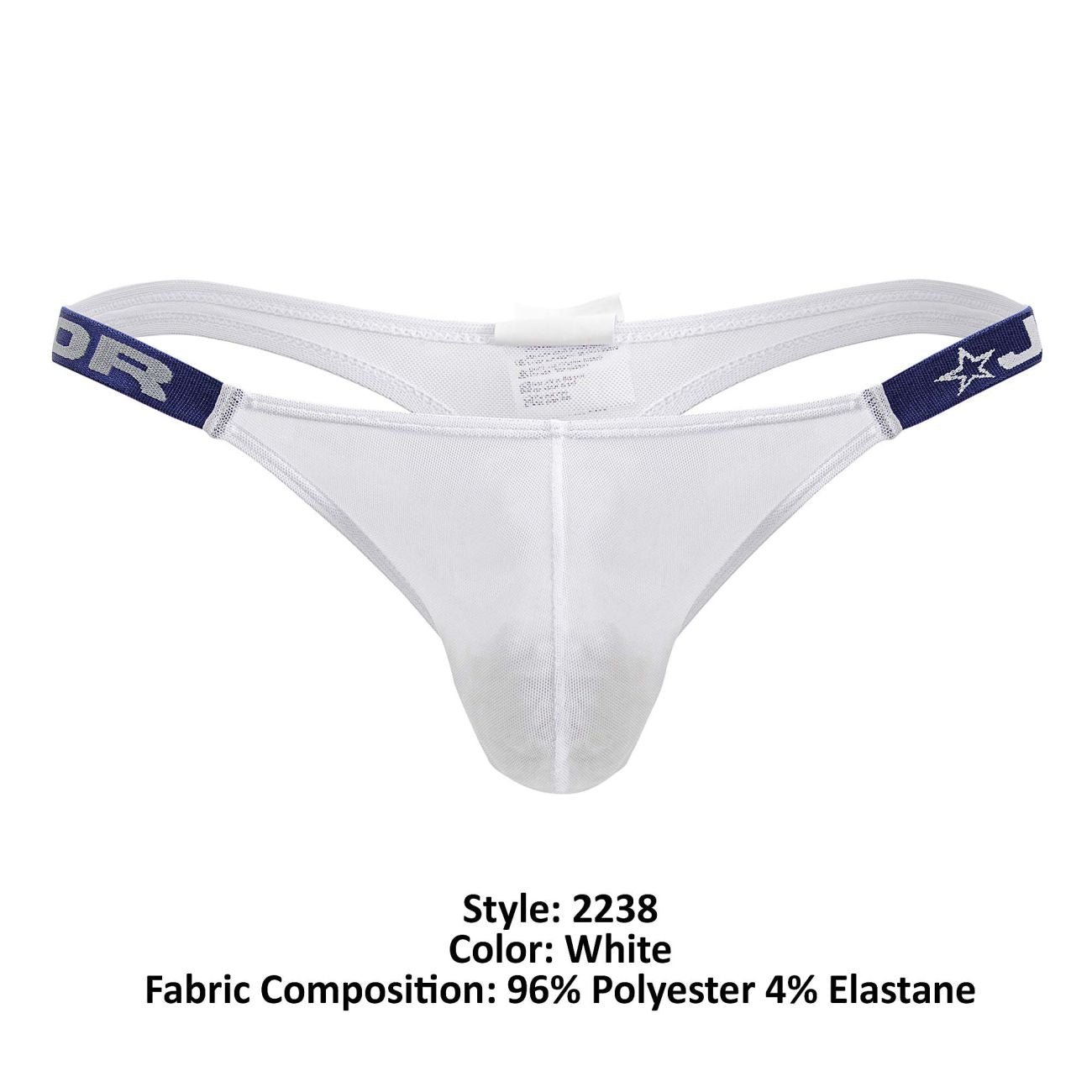 White mesh thong with navy blue elastic bands featuring star and lettering design jor 2238 frost thongs color white