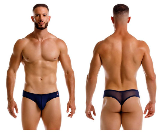 Navy blue mesh JOR 2242 Origin thong with a solid fabric waistband shown from the back side