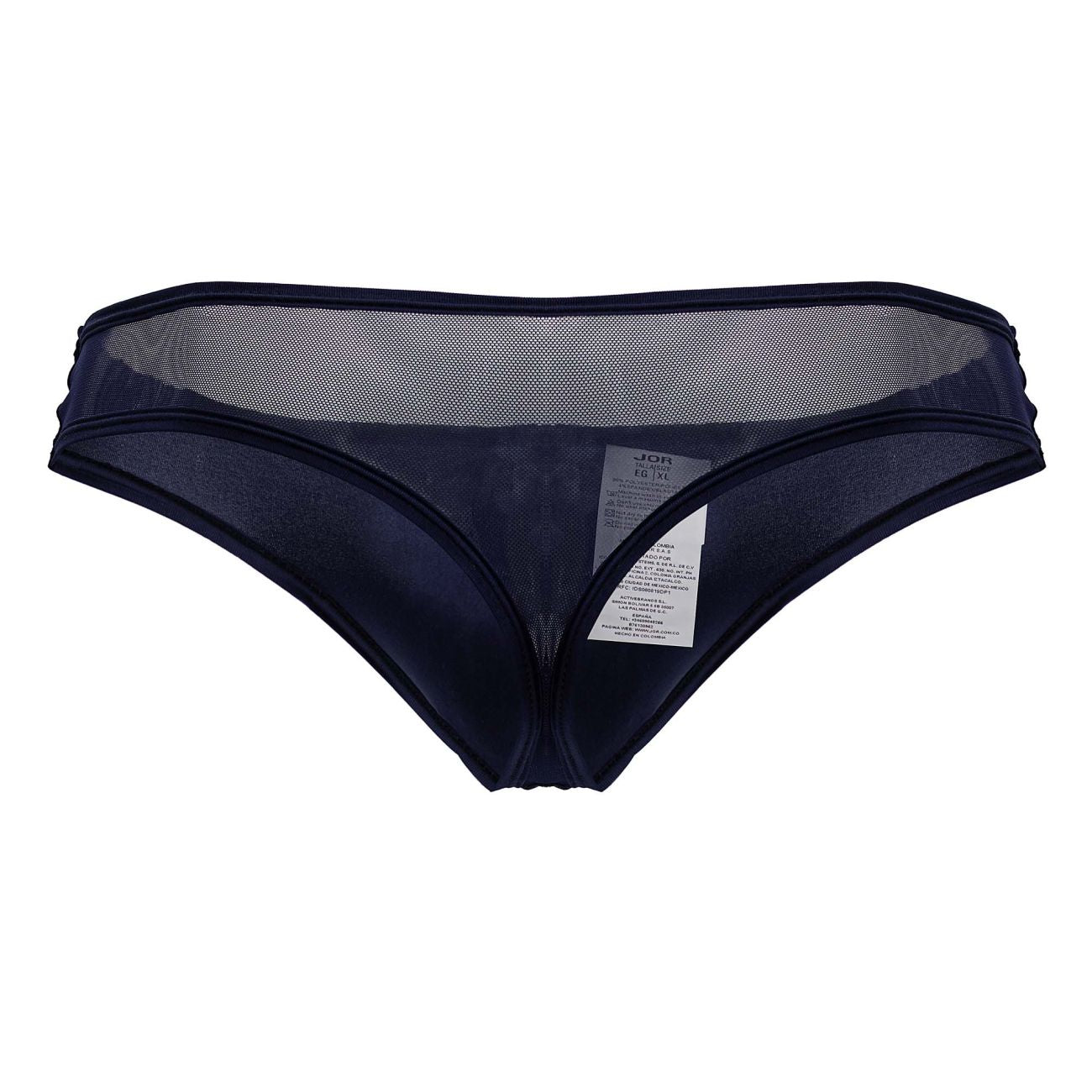 Dark navy jor 2242 origin thong with smooth satin fabric and sheer mesh panel at the back