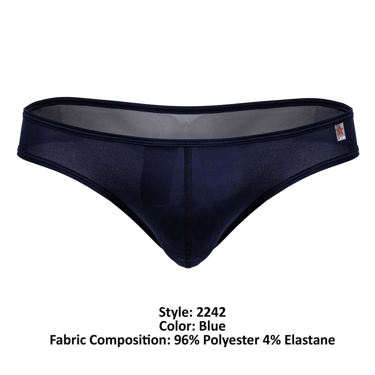 Dark blue form-fitting thong from jor 2242 origin thongs made of sheer mesh and opaque fabric blend shown from back