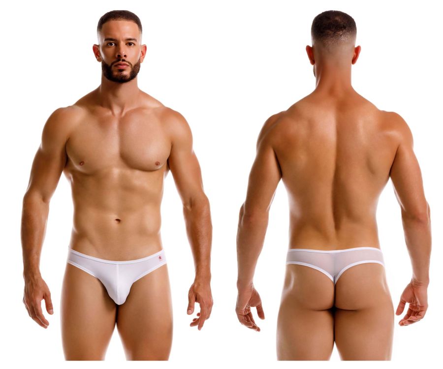 White JOR 2242 Origin thong briefs with a small pink logo on the left hipband, comfortable and stylish underwear