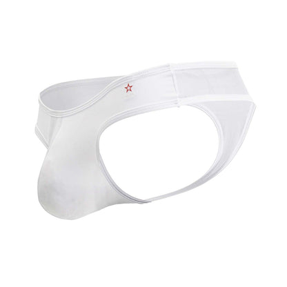 Jor 2242 origin thongs white sheer mesh briefs with a red star emblem on the waistband front view