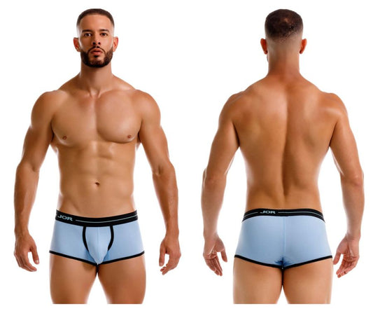 Light blue jor 2243 astra trunks boxer briefs with black trim and jor logo on waistband for comfortable daily wear