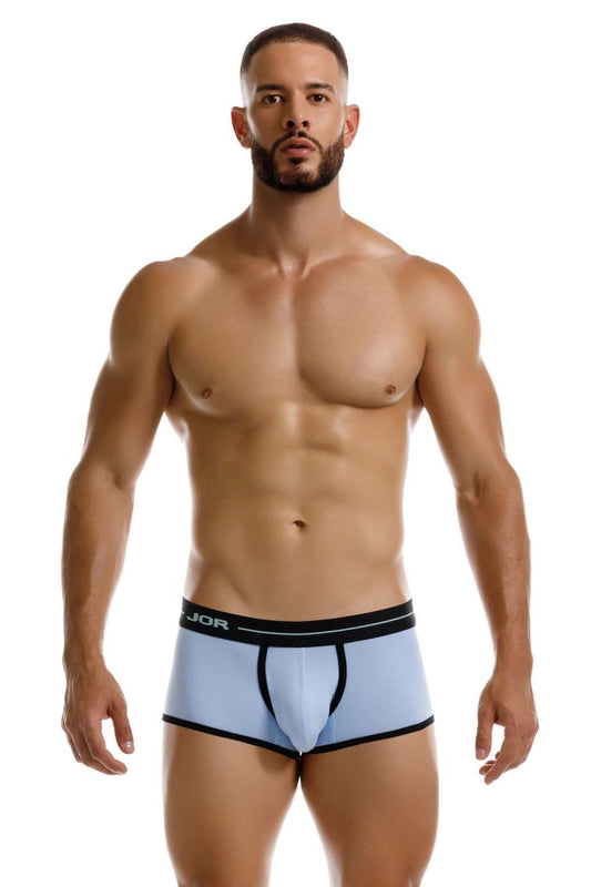 Light blue JOR 2243 Astra trunks boxer briefs with black trim and subtle logo on waistband for comfortable wear