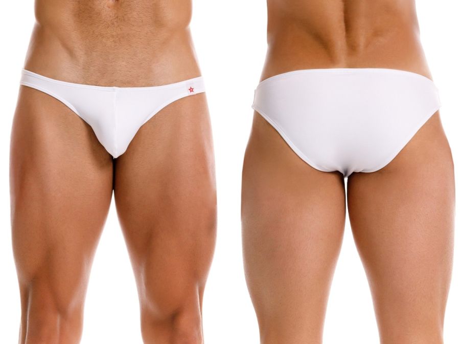 White jor 2273 travel swim bikini briefs with a small red star logo on the waistband for swimming and travel