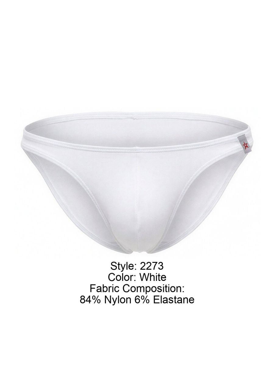 White men’s briefs jor 2273 travel swim bikini in white made of 84 nylon 6 elastane with red star logo on waistband