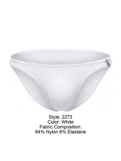 White men’s briefs jor 2273 travel swim bikini in white made of 84 nylon 6 elastane with red star logo on waistband