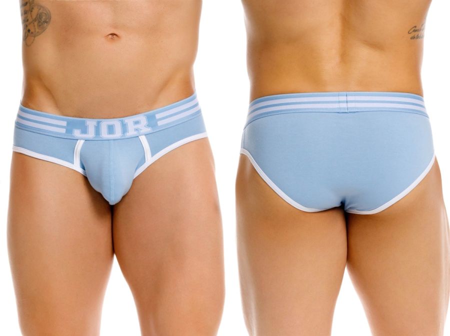 Light blue jor 2321 college briefs with white trim and three horizontal stripes on the waistband