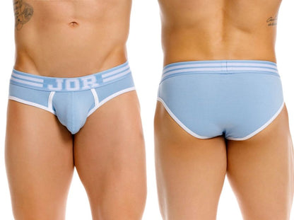 Light blue jor 2321 college briefs with white trim and three horizontal stripes on the waistband