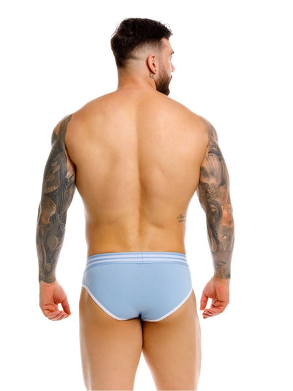 Jor 2321 college briefs in light blue with white trim and three horizontal waistband stripes for comfortable wear