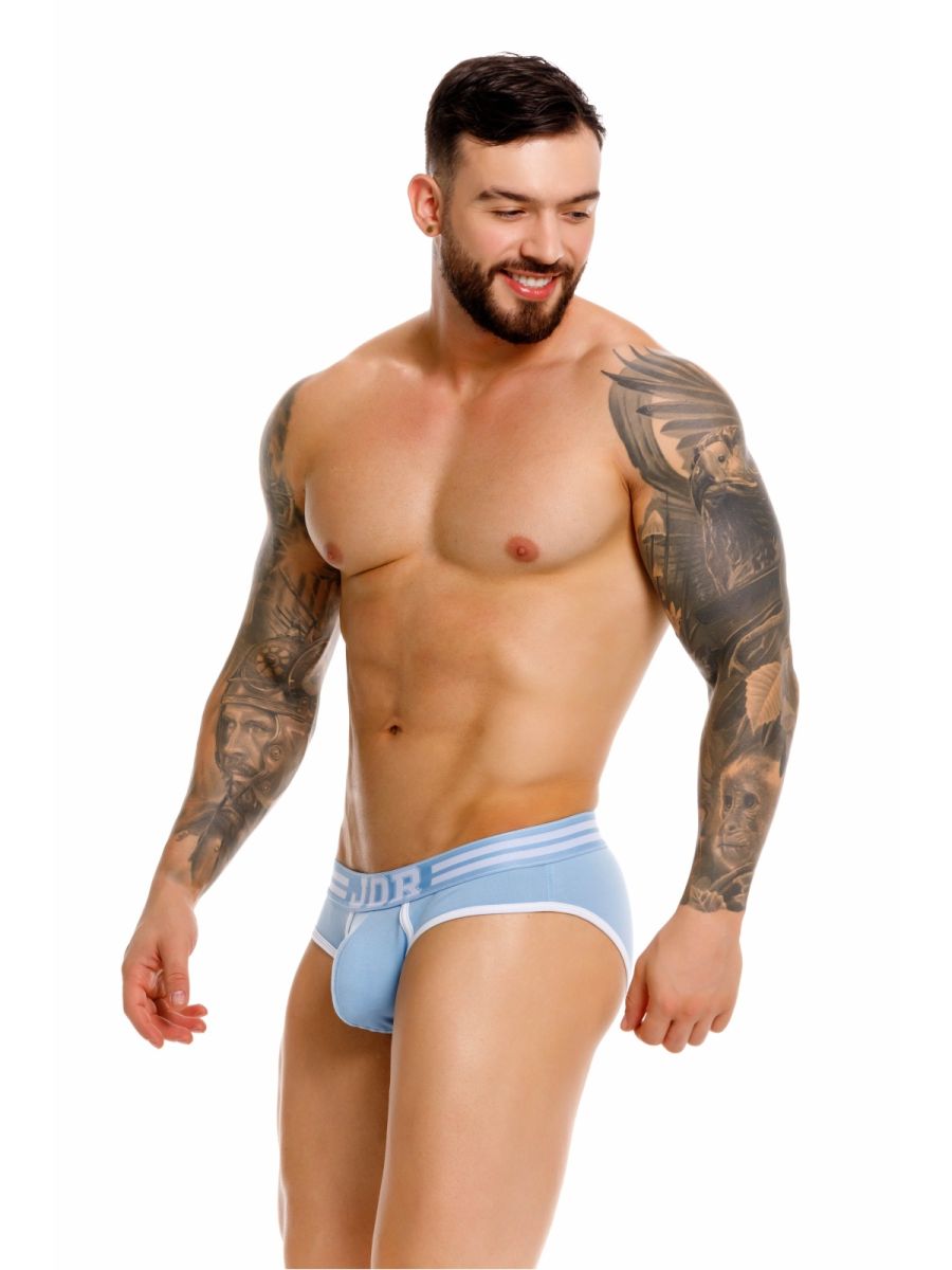 Light blue jor 2321 college briefs with white trim and subtle waistband logo made of breathable athletic fabric