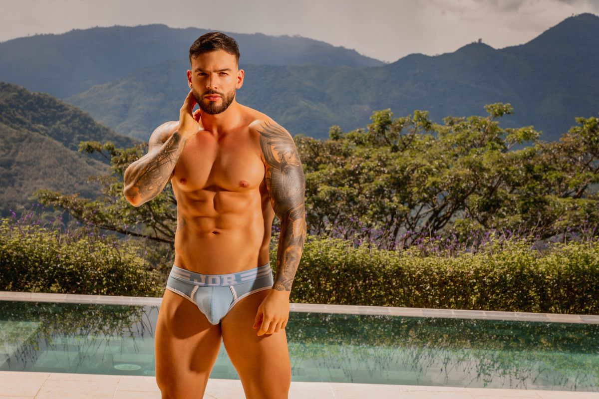 Light blue jor 2321 college briefs with subtle logo on waistband made from soft breathable fabric