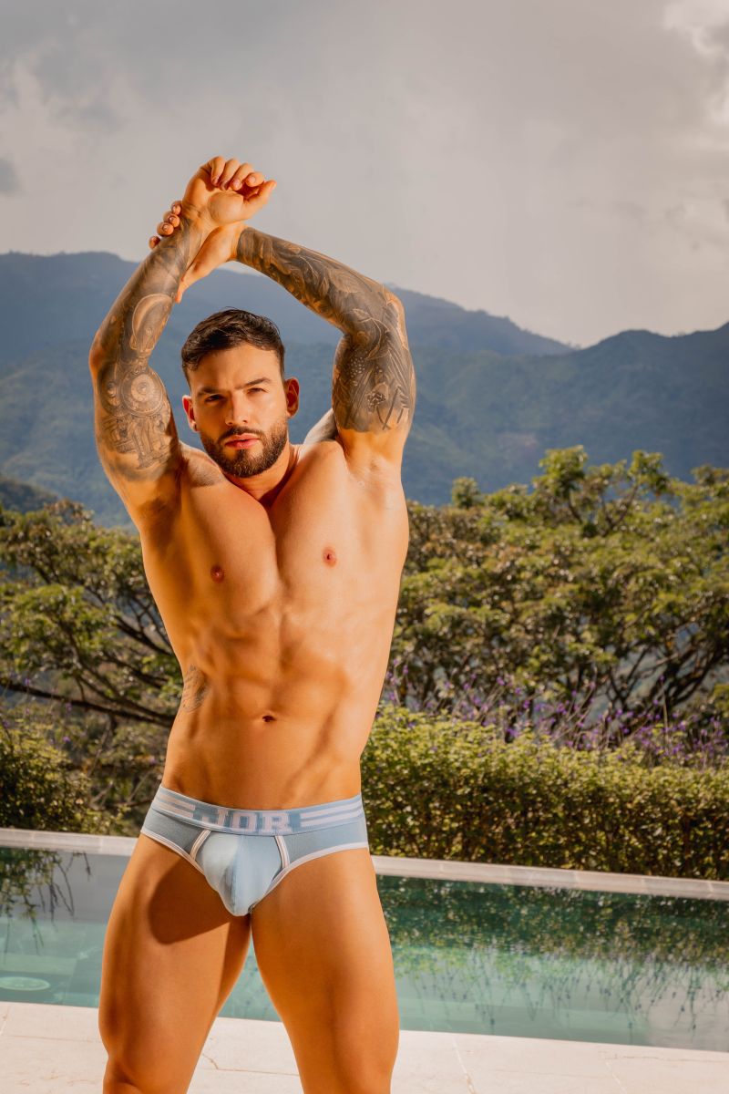 Light blue dior briefs with white logo band featuring JOR 2321 college briefs in blue color