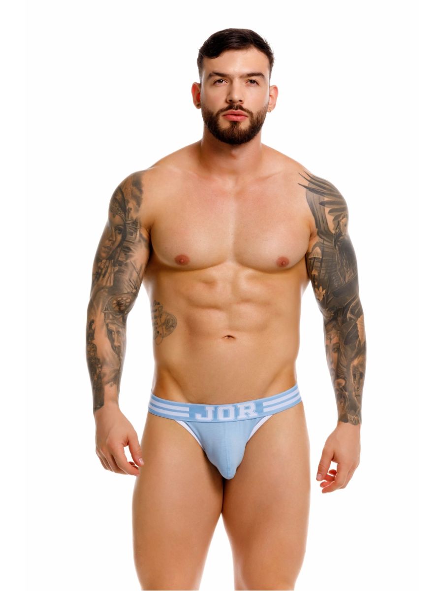 Light blue jor 2323 college briefs with white stripes and bold logo on waistband front view